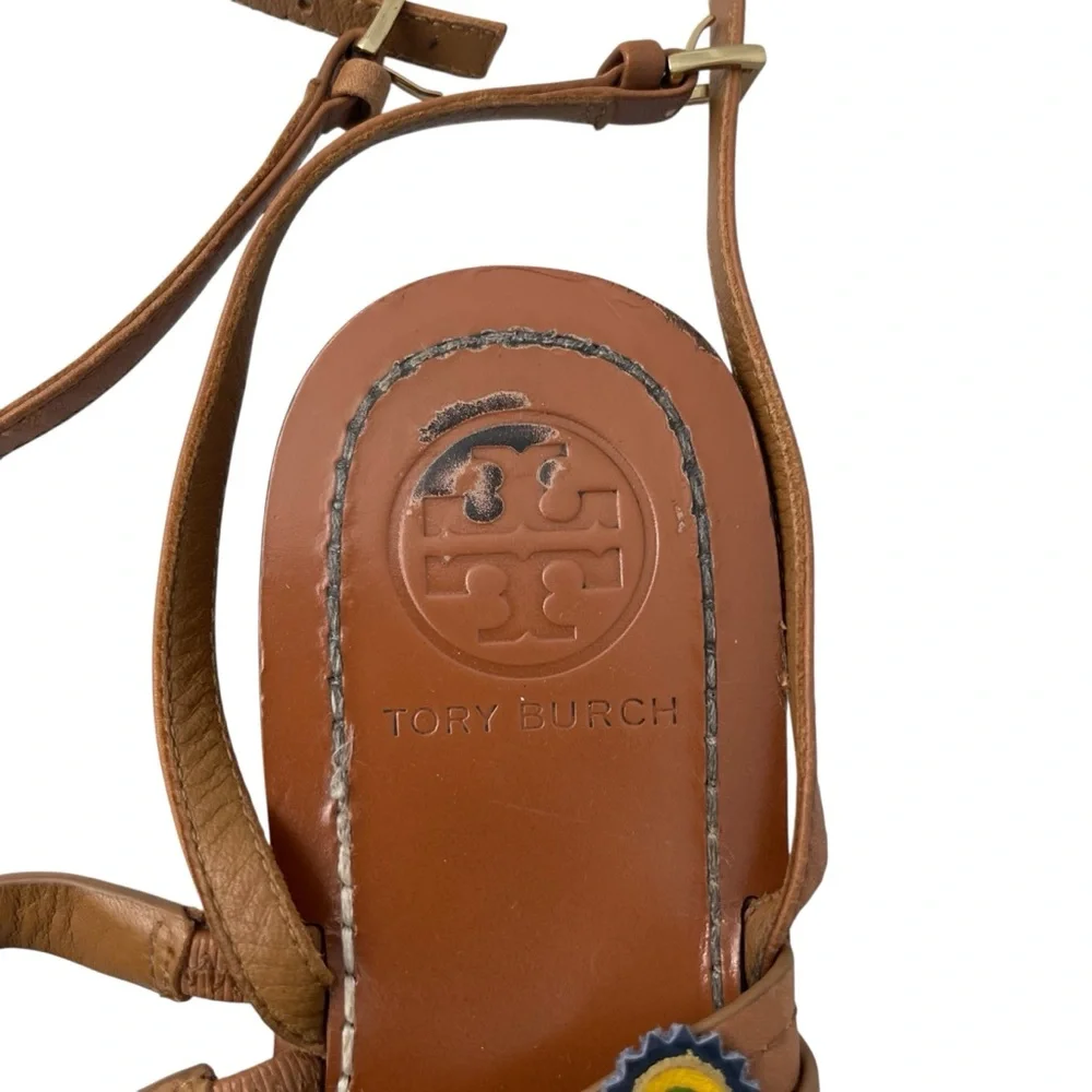 Tory Burch Brown Leather Floral Appliqué Strappy Sandals with Multicolor Flowers